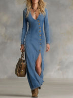 Agape | V-neck Single Button Side Split Denim Long Sleeve Maxi Dress