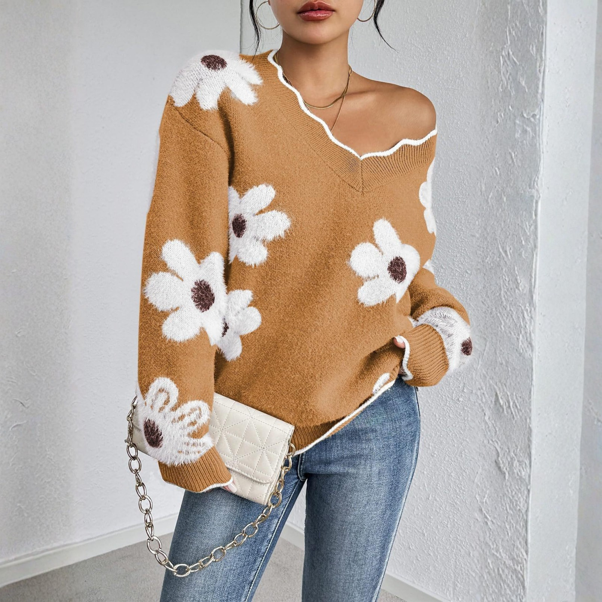 KYUPA™ - Casual Drop Shoulder Long Sleeve V-Neck Sweater