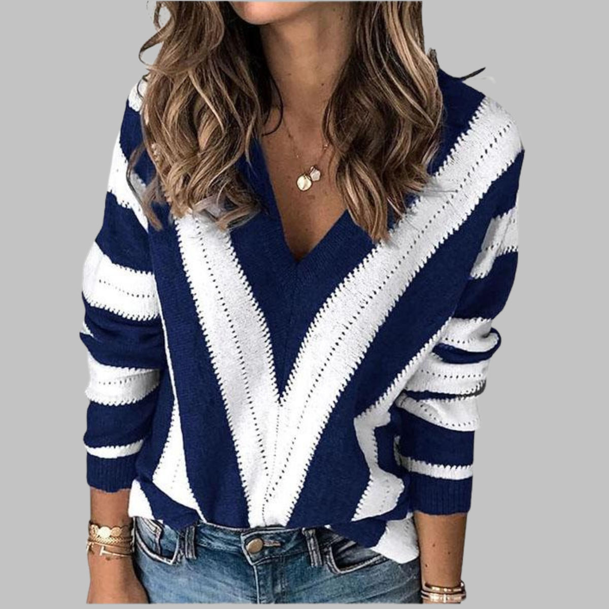 IMANI™ - Casual V-Neck Striped Long Sleeve Sweater
