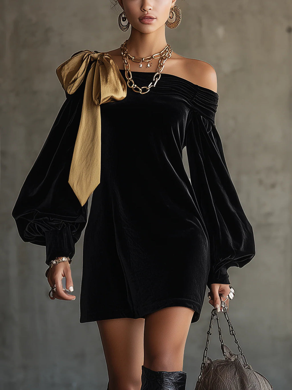Sienna | Gold-Bow Off-Shoulder Mini Dress