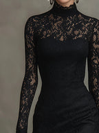 Elegant Black Stretch Lace Fishtail Maxi Dress