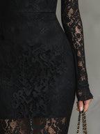 Elegant Black Stretch Lace Fishtail Maxi Dress