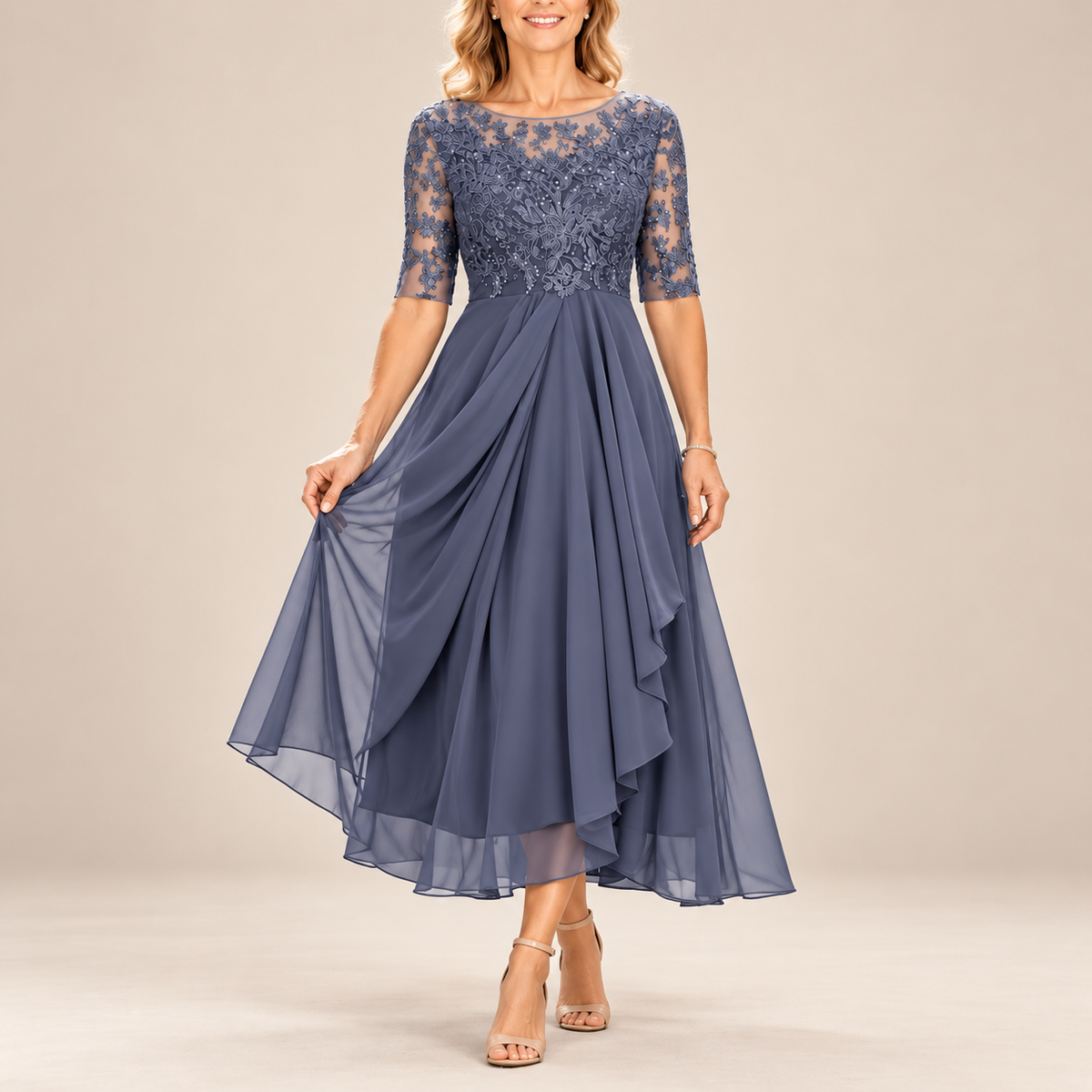Avi | Lace Bodice Draped Midi Dress