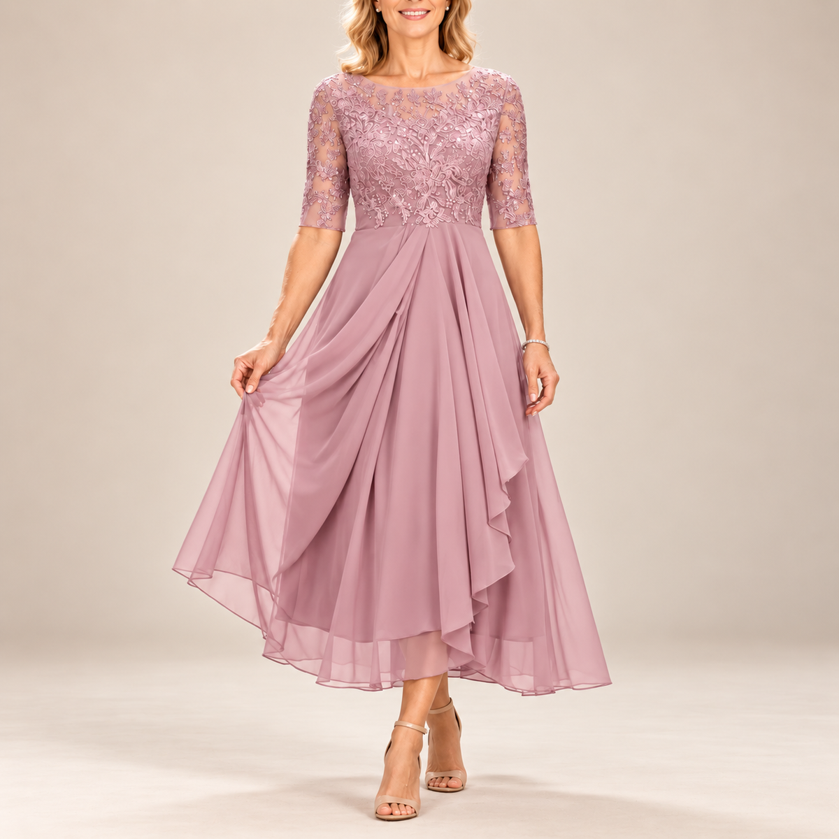Avi | Lace Bodice Draped Midi Dress
