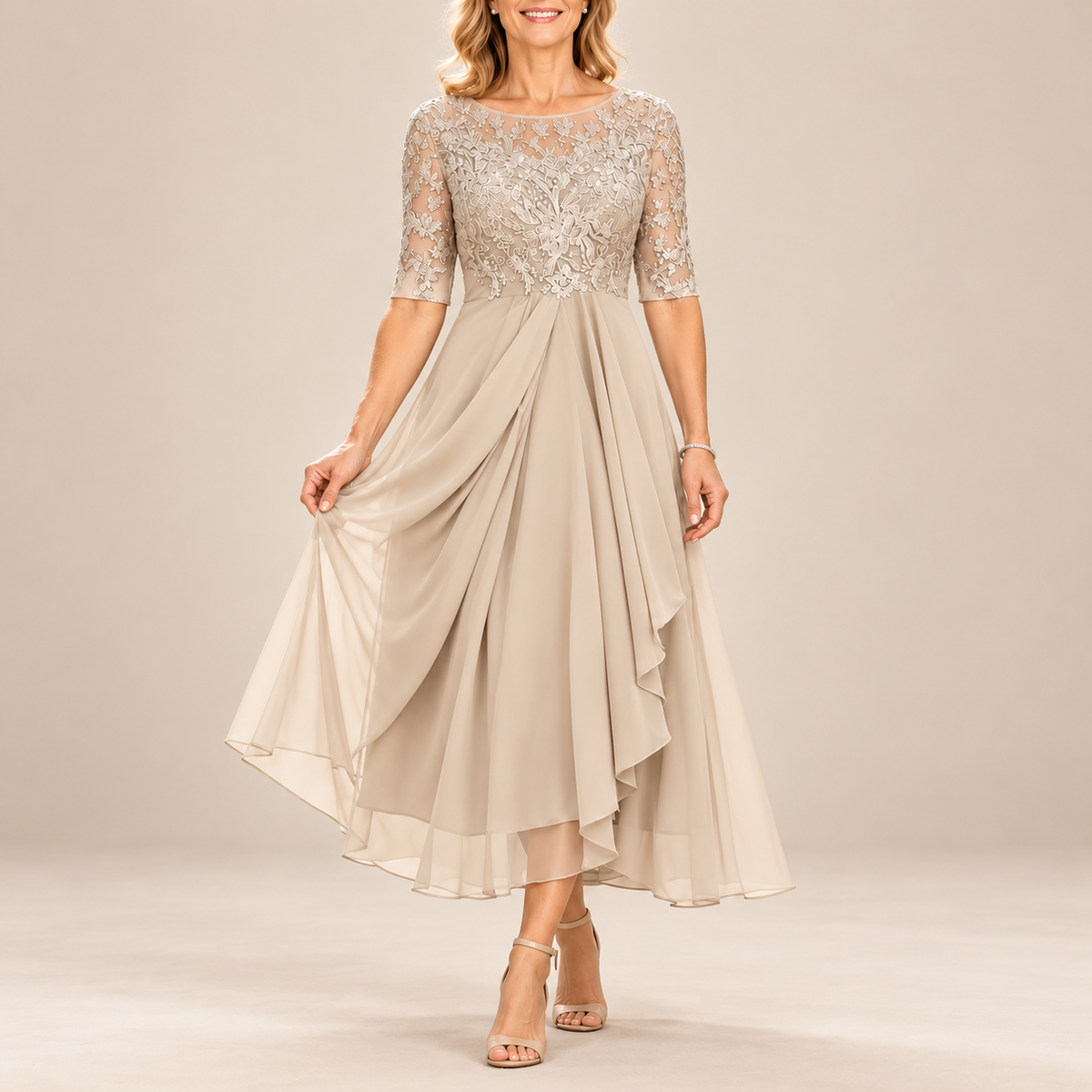 Avi | Lace Bodice Draped Midi Dress