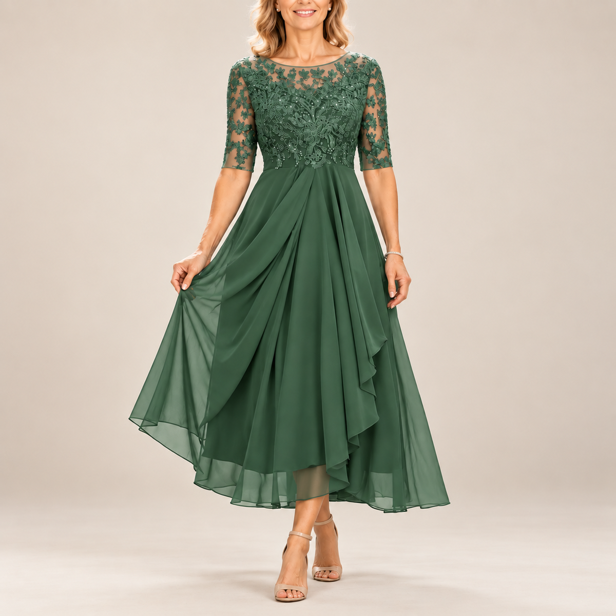 Avi | Lace Bodice Draped Midi Dress