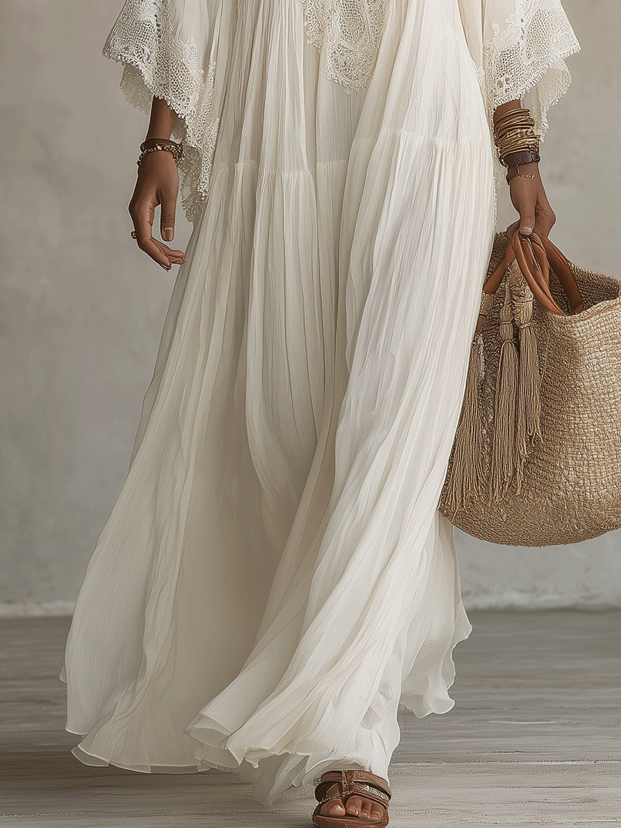 Celeste | Long ivory chiffon dress with batwing sleeves and white lace