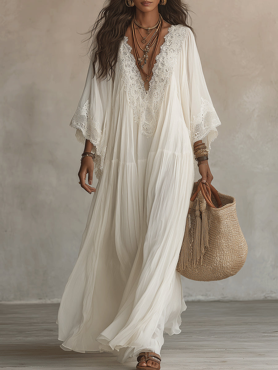 Celeste | Long ivory chiffon dress with batwing sleeves and white lace
