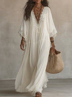 Celeste | Long ivory chiffon dress with batwing sleeves and white lace