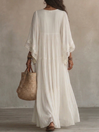 Celeste | Long ivory chiffon dress with batwing sleeves and white lace