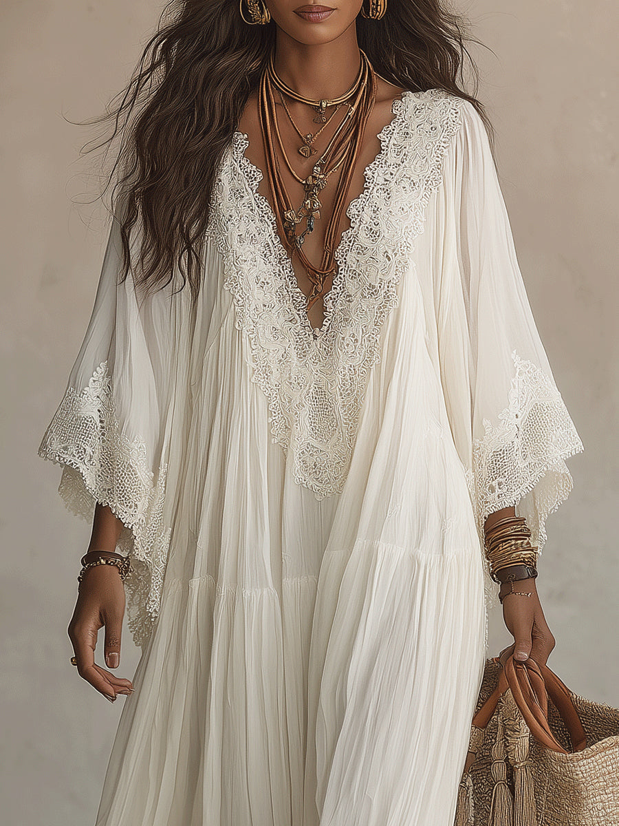 Celeste | Long ivory chiffon dress with batwing sleeves and white lace