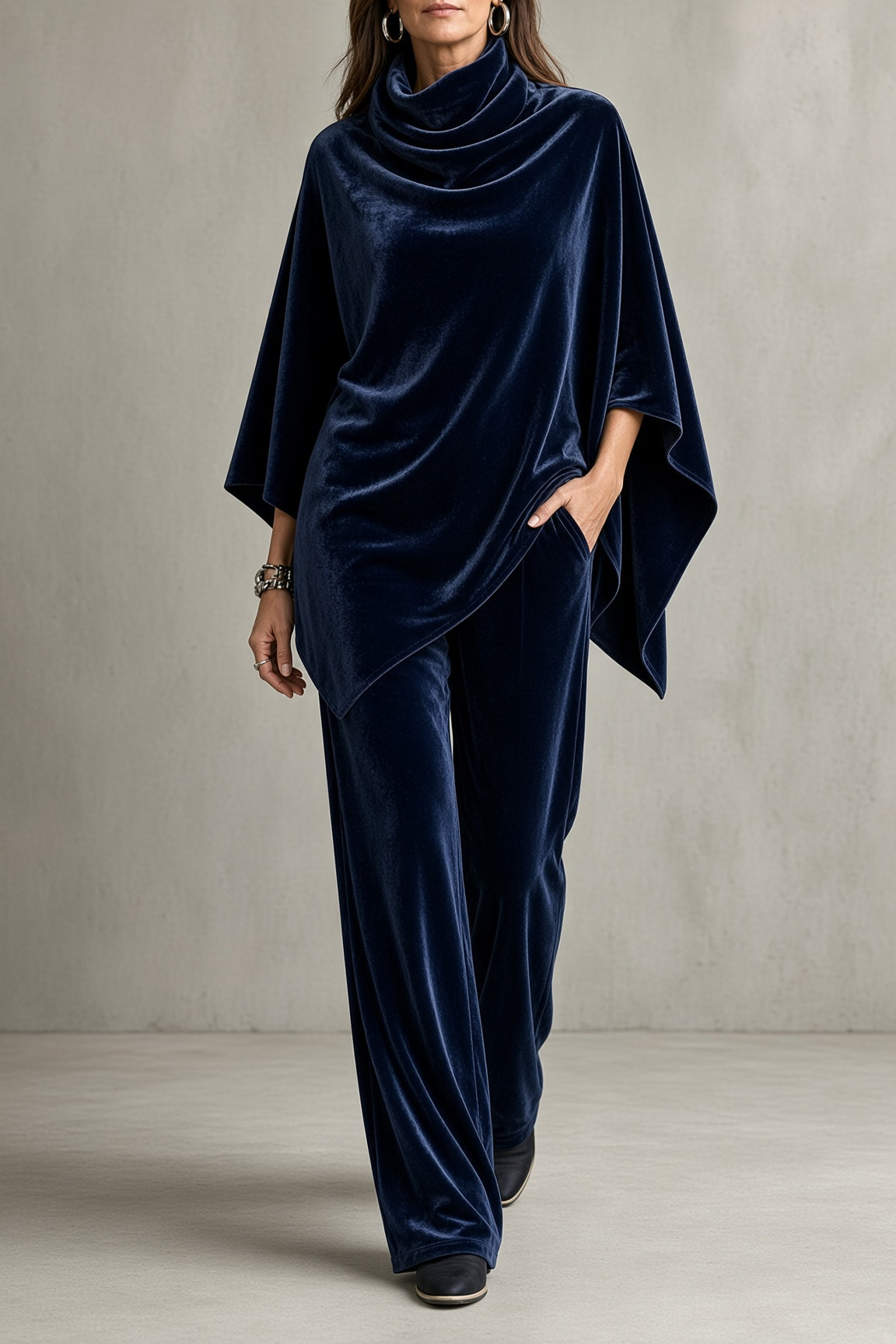 Thalia | Velvet Cowl-Neck Poncho Top and Wide-Leg Pants Set