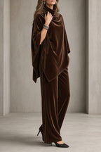 Thalia | Velvet Cowl-Neck Poncho Top and Wide-Leg Pants Set