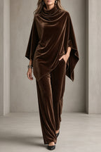 Thalia | Velvet Cowl-Neck Poncho Top and Wide-Leg Pants Set