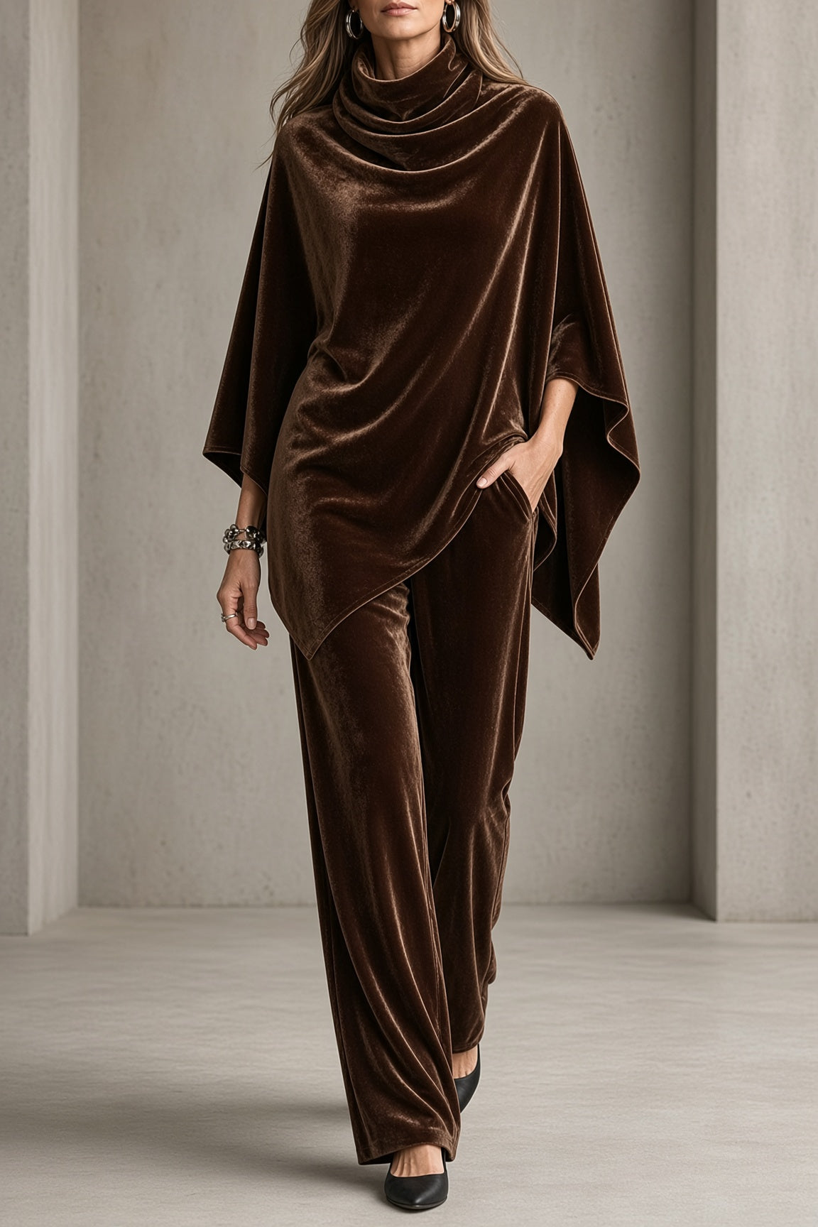 Thalia | Velvet Cowl-Neck Poncho Top and Wide-Leg Pants Set
